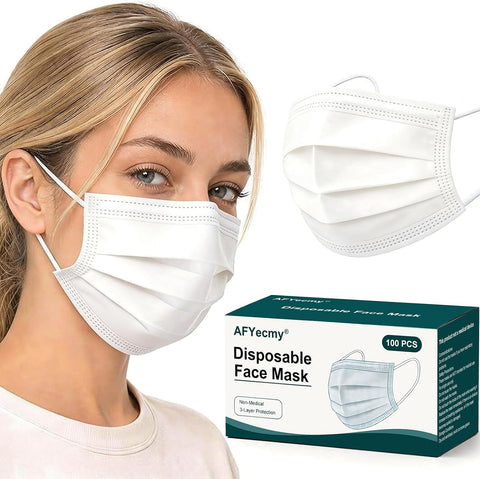 Disposable Face Masks 100 Pack, 3-Ply Breathable Masks with Soft Comfortable Earloops, Adjustable Nose Clip for Office, Travel, School & Public Use, White