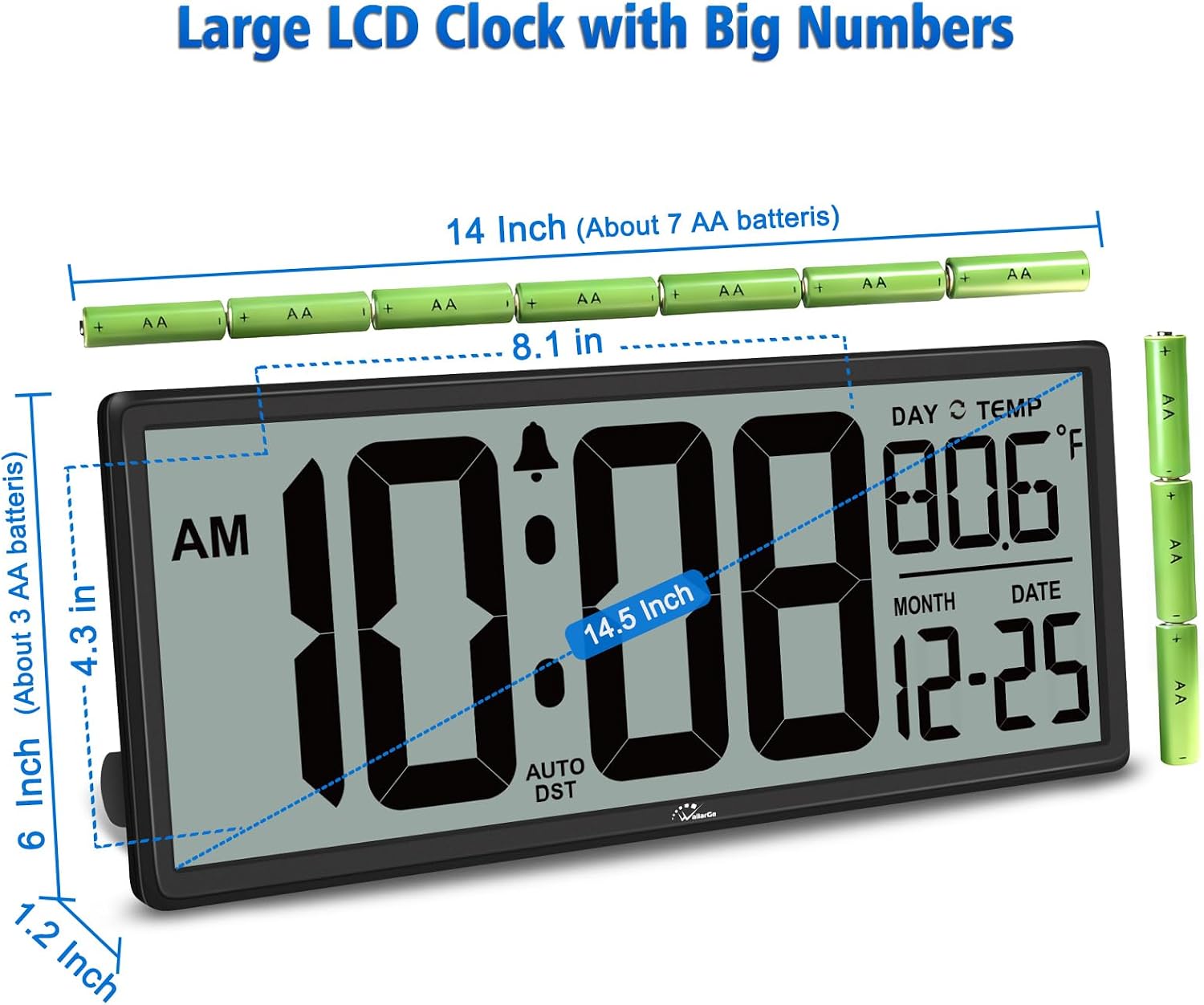WallarGe 14.5'' Large Digital Wall Clock Battery Operated