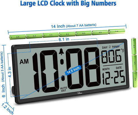 WallarGe 14.5'' Large Digital Wall Clock Battery Operated