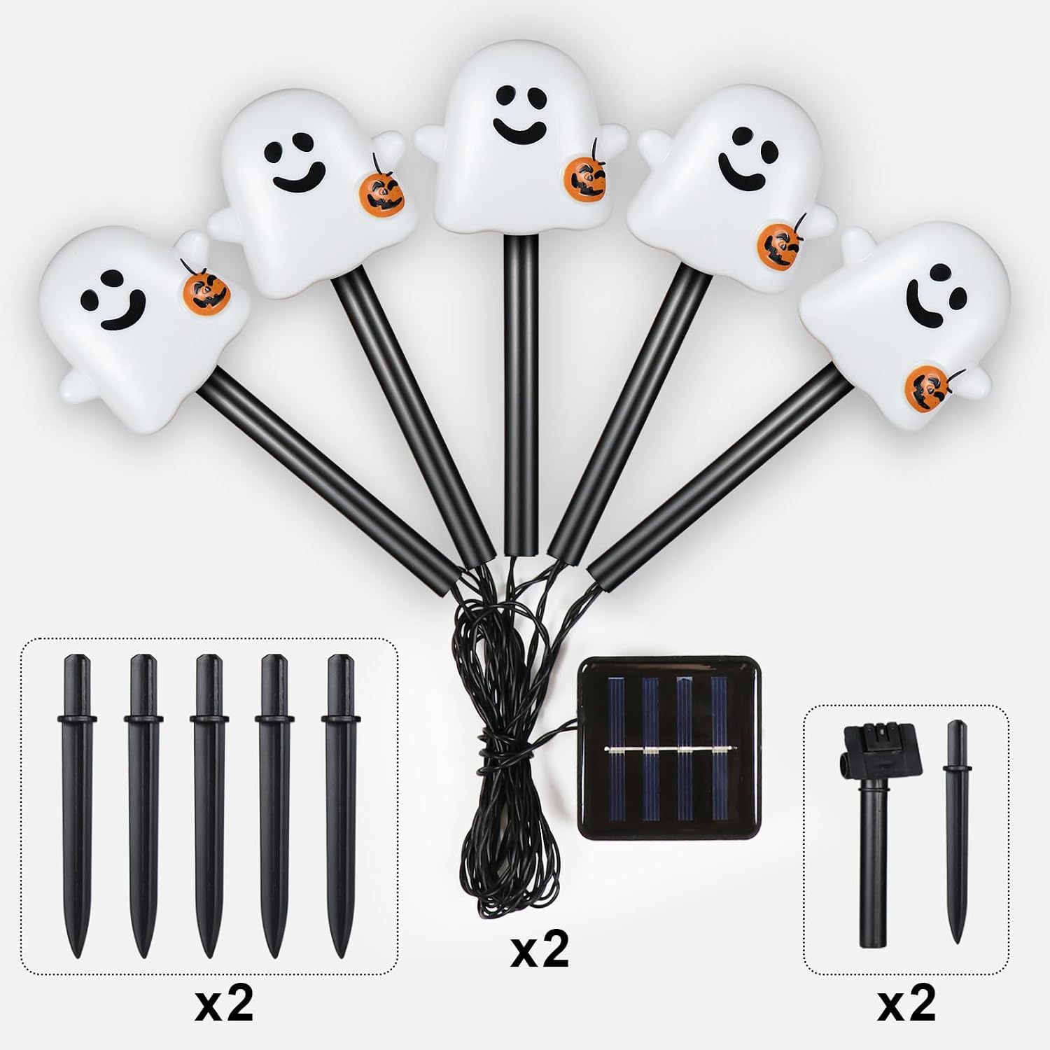 BRIGHTDECK Solar Halloween Ghost Pathway Lights, 10 Pack Ghost Stake Lights with Pumpkin Design, Durable Waterproof Outdoor Halloween Decoration for Garden, Walkway, and Yard (Cold White)