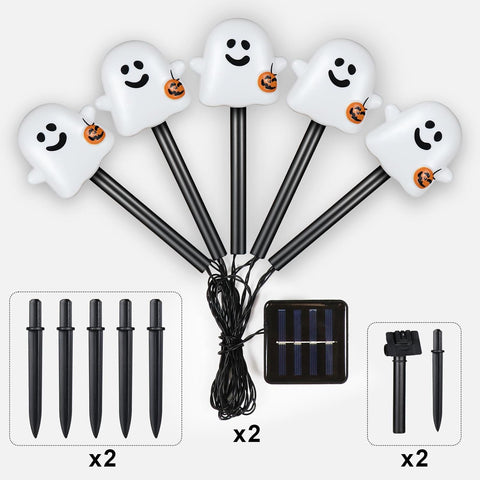 BRIGHTDECK Solar Halloween Ghost Pathway Lights, 10 Pack Ghost Stake Lights with Pumpkin Design, Durable Waterproof Outdoor Halloween Decoration for Garden, Walkway, and Yard (Cold White)