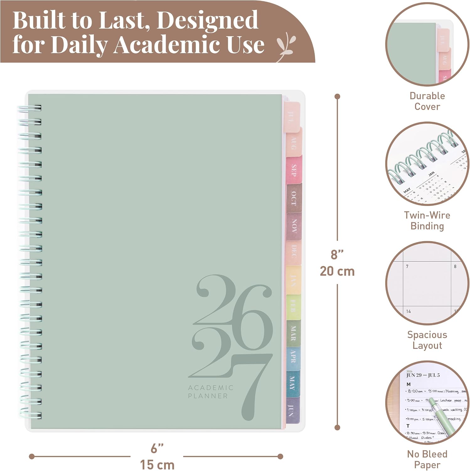 Rileys Academic Planner 2026-2027, Daily, Weekly & Monthly Planner, July 2026 - June 2027, Student Notes Pages, Twin-Wire Binding, Weekly Agenda for School & Work (8 x 6-Inches, Classic, Green)