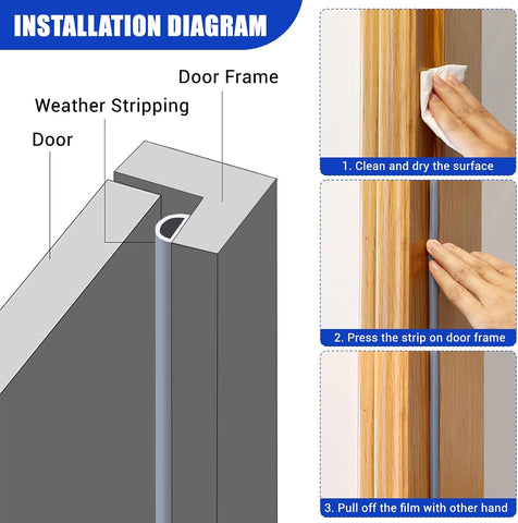 Weather Stripping Door Seal, Self Adhesive Silicone D Shaped Weather Strip, Door Seal Strip for Door Frame/Window Seal, 20Ft, Grey (3/8" W × 1/4" T)