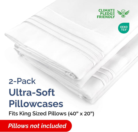 King Pillow Cases Set of 2 - Ultra Soft Cozy Pillowcase Covers - White