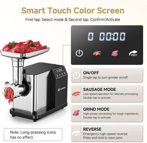 AAOBOSI Electric Meat Grinder w/ 3 Speed Touch Screen Control, 3000W Max