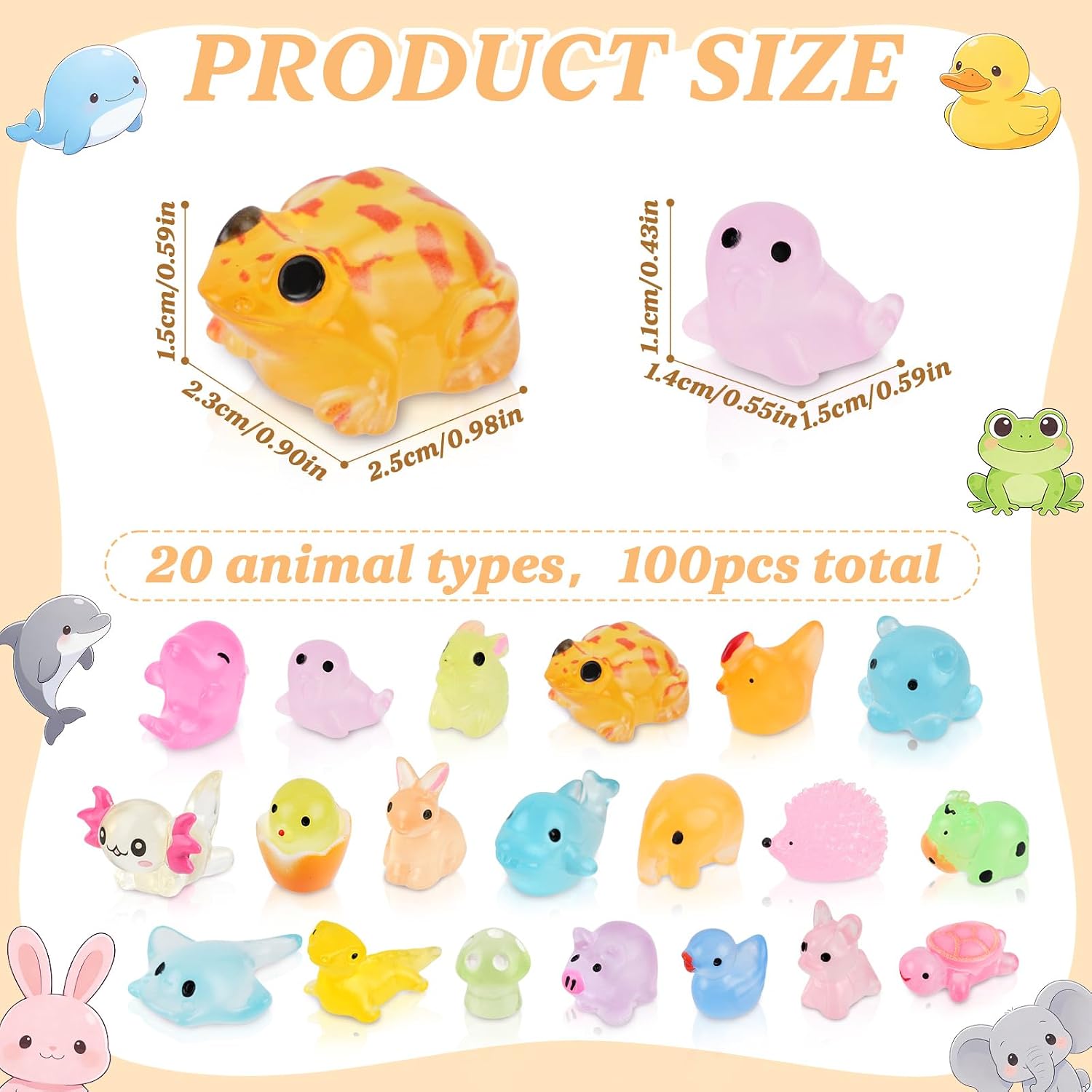 100Pcs Luminous Mini Resin Animals Bulk, 20 Styles Glow in The Dark Plastic Tiny Animals Figures for Fairy Garden, Dollhouse, Aquarium, Party Favors & Home Decor Crafts
