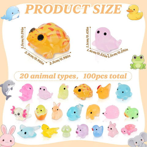 100Pcs Luminous Mini Resin Animals Bulk, 20 Styles Glow in The Dark Plastic Tiny Animals Figures for Fairy Garden, Dollhouse, Aquarium, Party Favors & Home Decor Crafts
