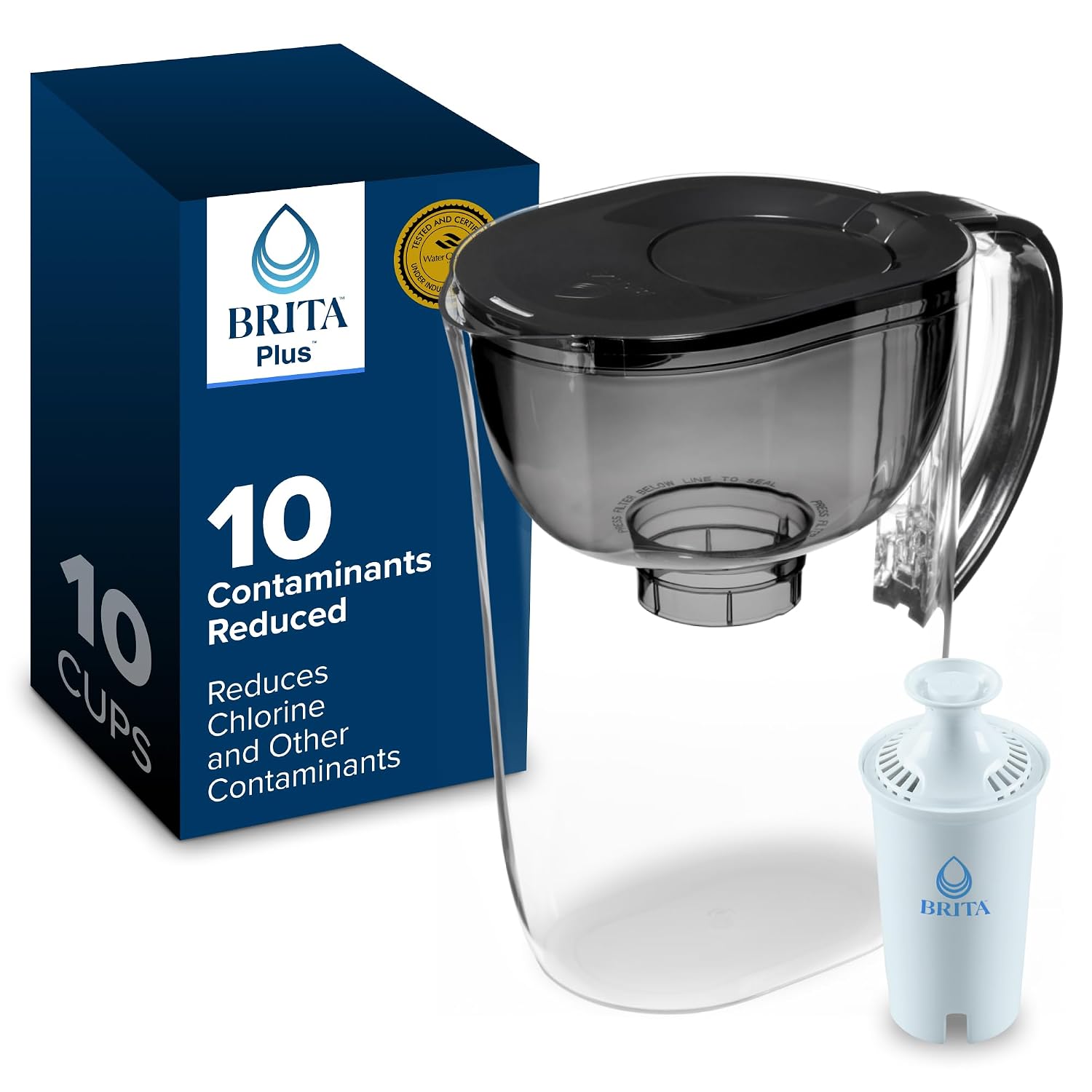 Brita Small 10 Cup Water Filter Pitcher, 1 BritaPlus Filter, Metro, Black