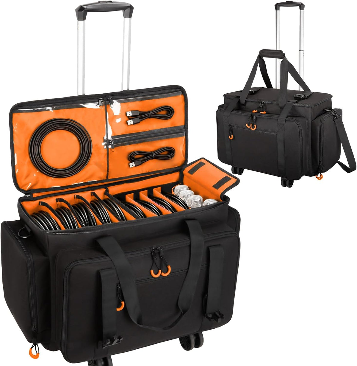 Large Rolling Dj Cable Bag with Detachable Dividers, Bottom Pad