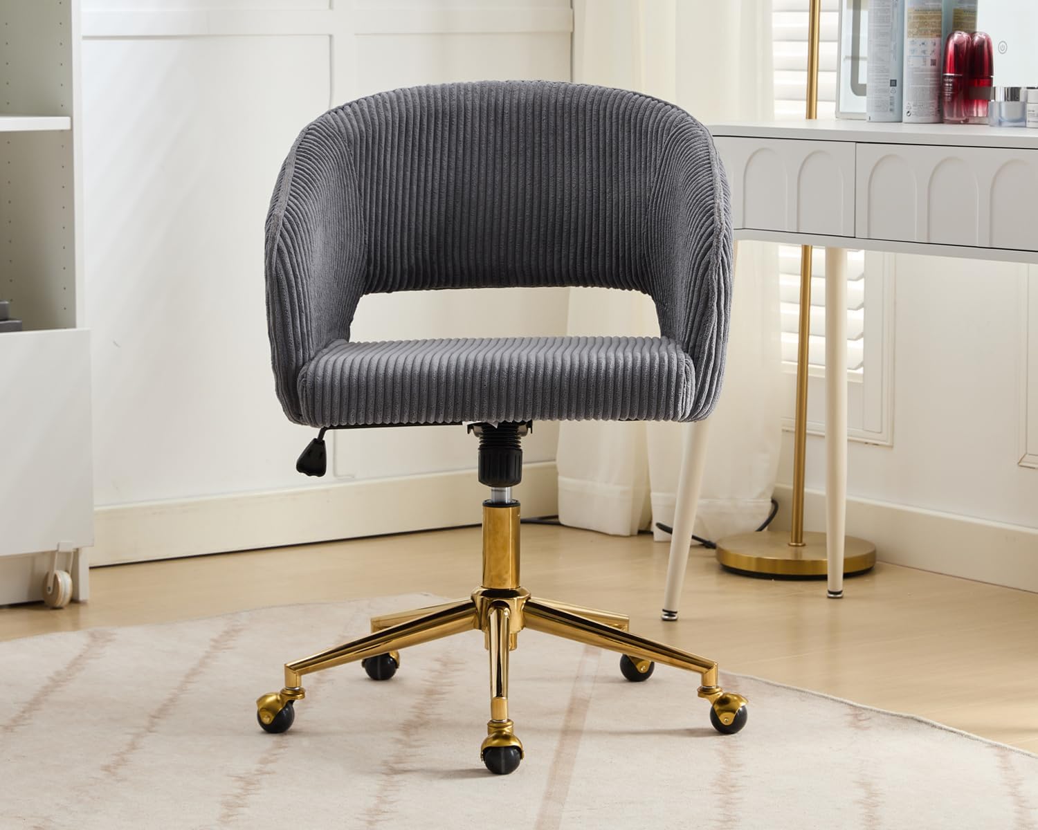 KCC Vanity Chair Corduroy Desk Chair with Gold Base for Living Room,Gray