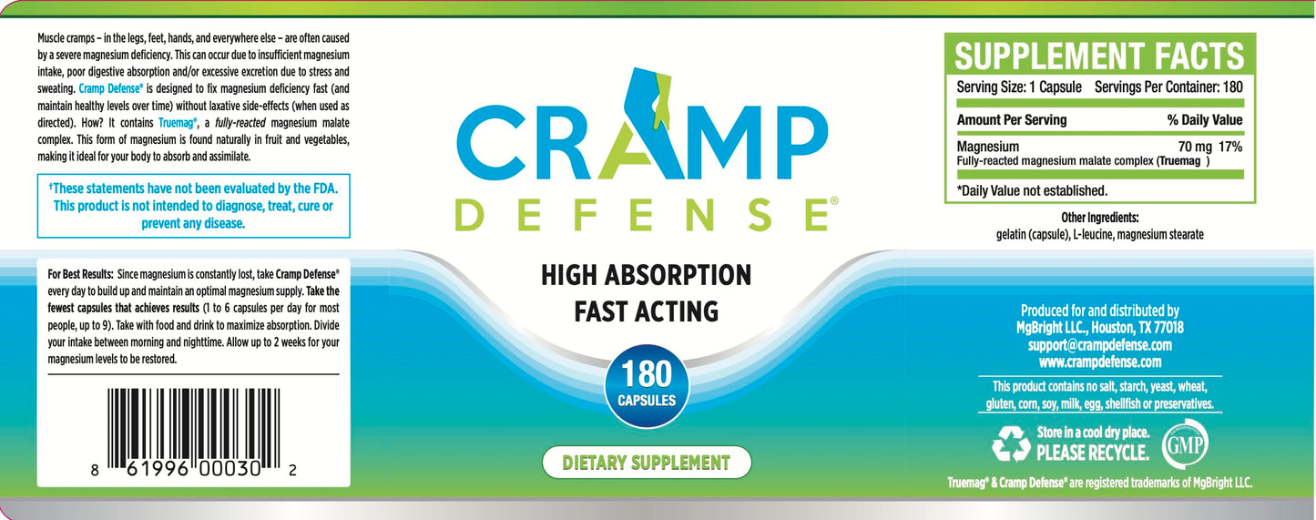 Cramp Defense® Magnesium for Leg Cramps, Muscle Cramps & Muscle Spasms. End Them Fast and Permanently. Organic Magnesium, Non-Laxative, NO Magnesium Oxide OR Herbs! Big 180 Capsule Bottle.