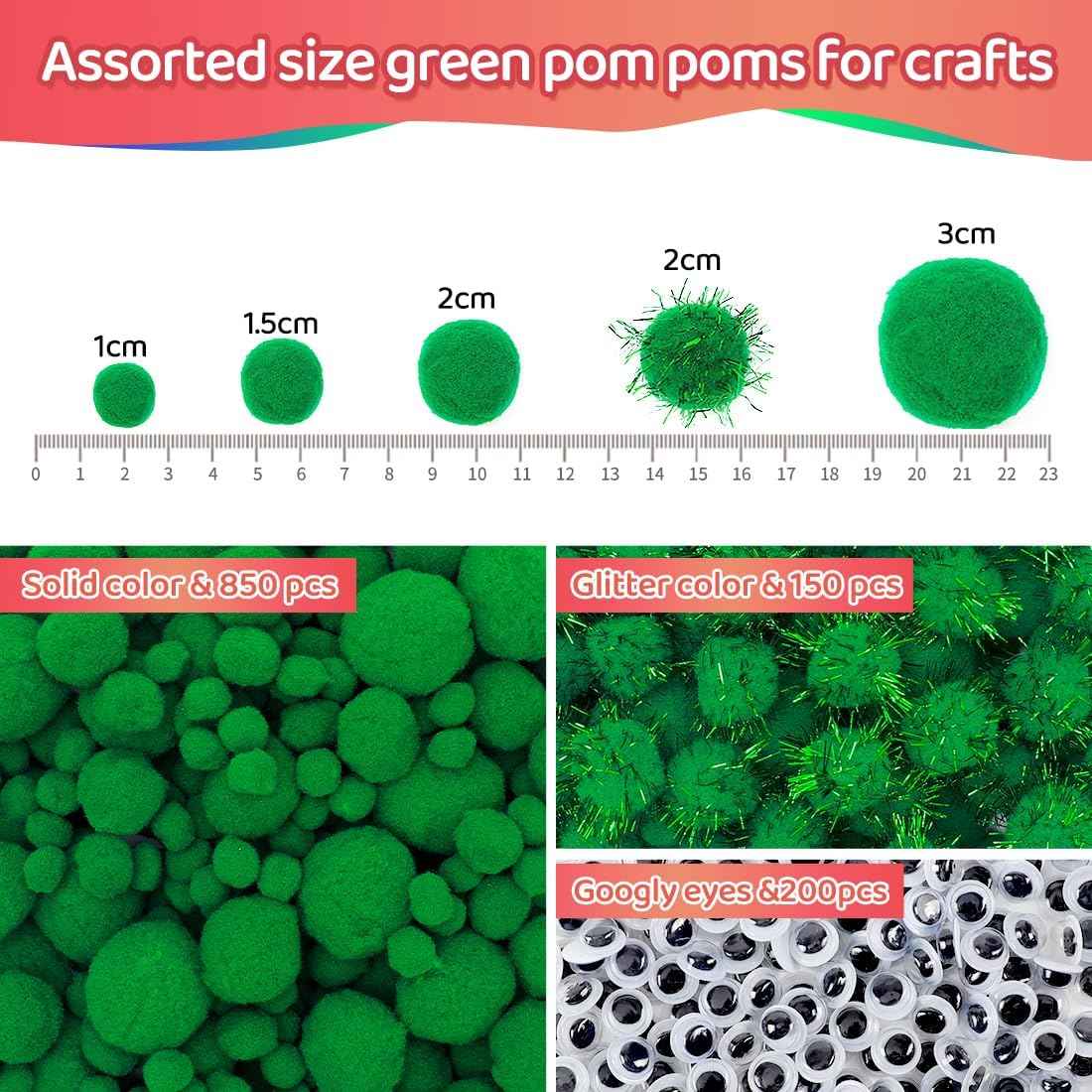 Iooleem Green Pom Poms, 1200pcs Assorted Size Pompoms, Pom Poms for Arts and Crafts, Pom Pom Balls with Wiggle Eyes in jar, Glitter Pom Poms, Craft Supplies.