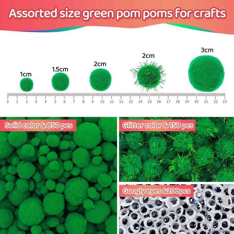 Iooleem Green Pom Poms, 1200pcs Assorted Size Pompoms, Pom Poms for Arts and Crafts, Pom Pom Balls with Wiggle Eyes in jar, Glitter Pom Poms, Craft Supplies.