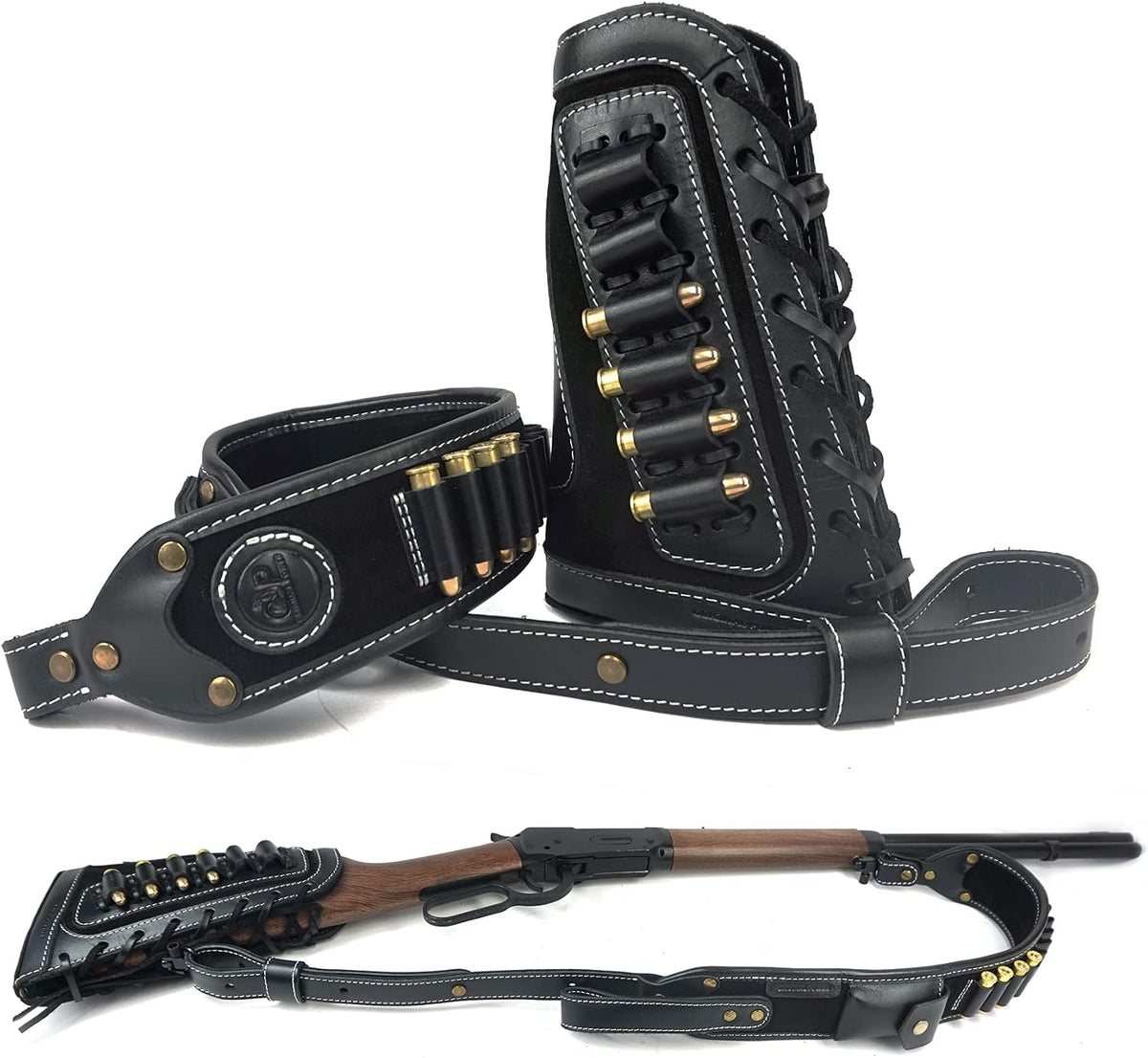 Leather Rifles Shell Holder .30-06 .45-70 .357, .410GA Buttstock with Hunting Cartridge Sling Straps Remington