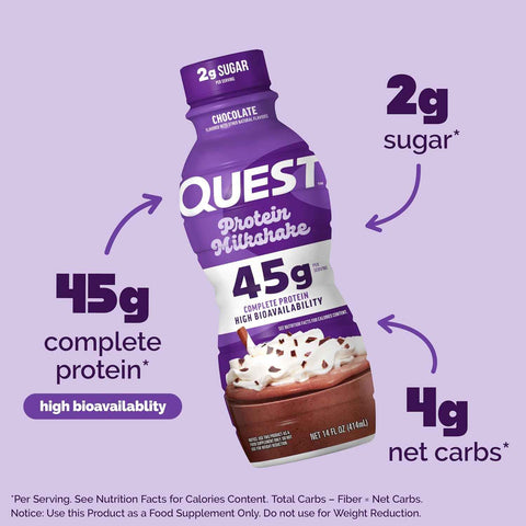 Quest Nutrition Chocolate Protein Shake, 45g Protein, 2g Sugar, 4g Net Carbs, Ready to Drink, Gluten Free, 12 Count | 45g Complete Protein, Ready to Drink, 4g Net Carbs, Gluten Free, Ultrafiltered Nonfat Milk, High Protein, 14 Fl Oz Bottles
