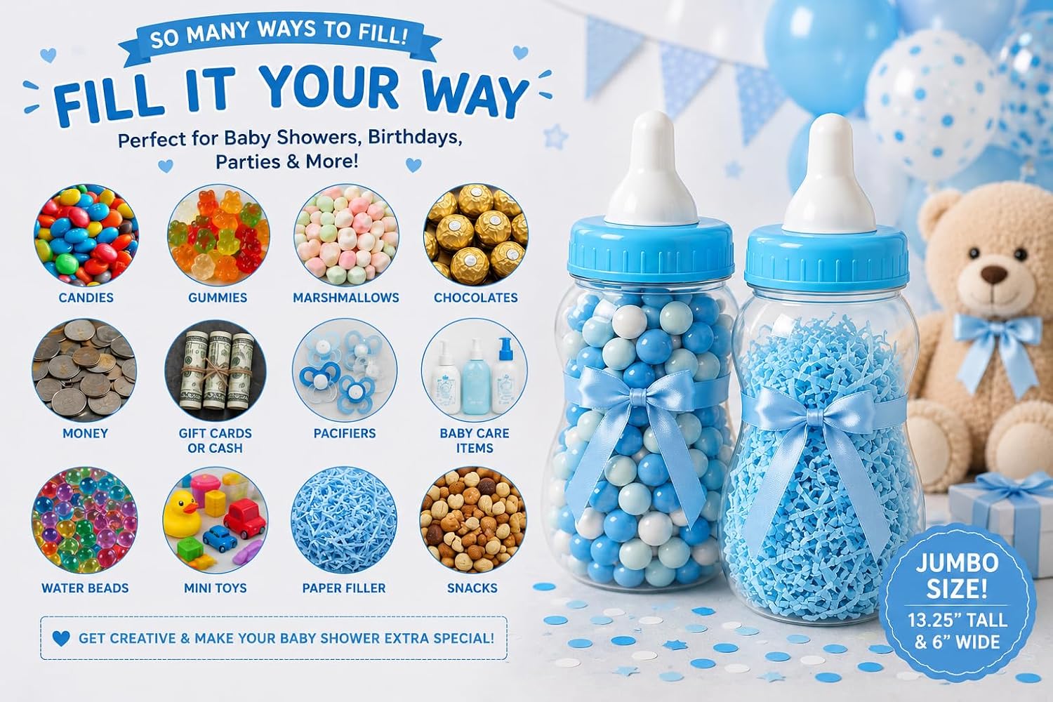 Evershine Plastic Baby Bottle Bank, 13" Blue Fillable Baby Shower Bank, Plastic Jumbo Baby Favor Bottle Centerpiece
