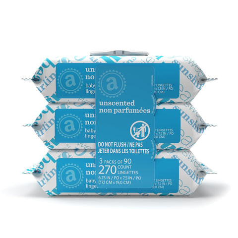 Amazon Elements Baby Wipes, Unscented, Hypoallergenic, Alcohol-Free, 270 Count, Flip-Top Packs