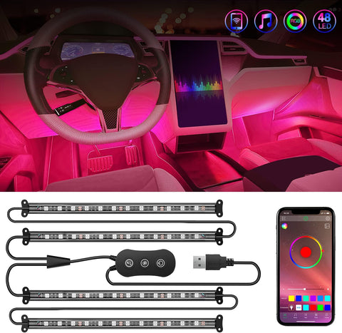 Nilight 4PCS USB Car Interior Neon Accent Lights RGB App and Button Control