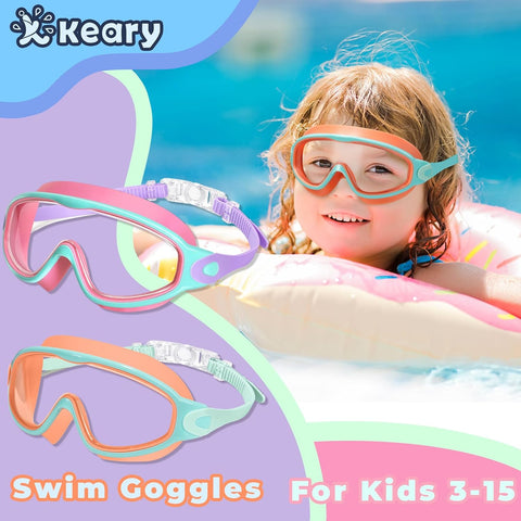 Keary 2 Pack Kids Swim Goggles Wide View Anti-Fog & UV Girls Boys 3-15