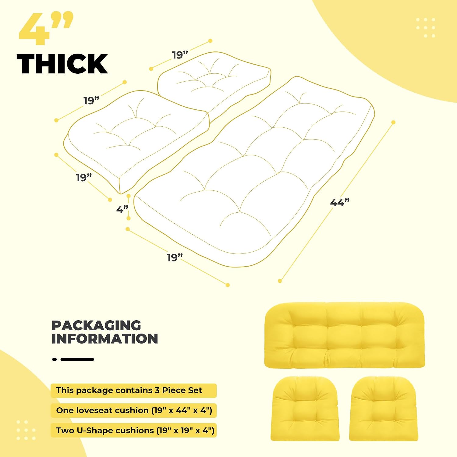 DANGHOOGY Wicker Chair Cushions, Waterproof 3Pcs Outdoor Cushion Set Yellow