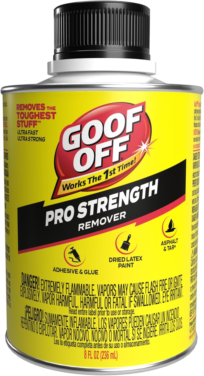 Goof Off Pro Strength Remover, Adhesive & Glue Remover for Dried Latex Paint, Caulk, Stickers, Decals, Tar, Asphalt - Works the 1st Time, 8 fl oz
