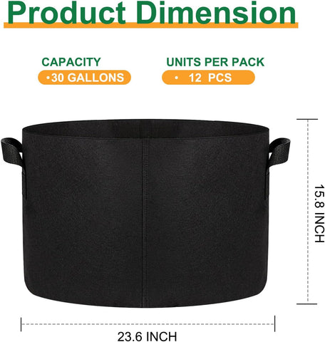 JERIA 12-Pack 30 Gallon Grow Bags, 300G Thickened Nonwoven Garden Pots,Heavy Duty Fabric Pots with Reinforced Handles