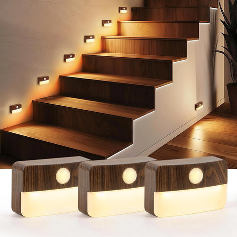 Guankai 3 Pack Motion Sensor Stair Light for Indoor, Battery Operated Closet Lights, Wireless Stick on Anywhere Hallway Lamp, Portable Led Night Lamps for Bedroom Under Cabinet Kitchen, Wood Grain