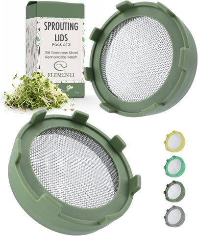 Elementi Sprouts Growing Kit for Wide Mouth Mason Jars, Set of 2 Sprouting Lids for Organic Alfalfa & Mung Bean Sprouts Grow Kit, 316 Stainless Steel Mesh Screen Strainer Lid (Sage Green)