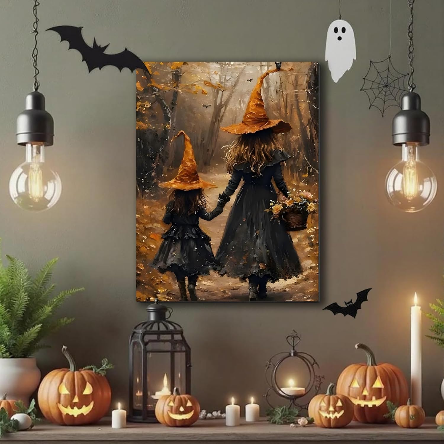Halloween Witch Framed Canvas Art 16x24, Two Cute Witches in the Autumn Scene Forest Poster, Fall Pictures Wall Decor Prints for Living Room, Bedroom, Perfect Festive Home Decorations