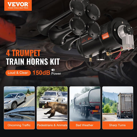 VEVOR 4 Trumpet Air Horn Kit, 150dB Train Horns for Pickup Trucks, Black