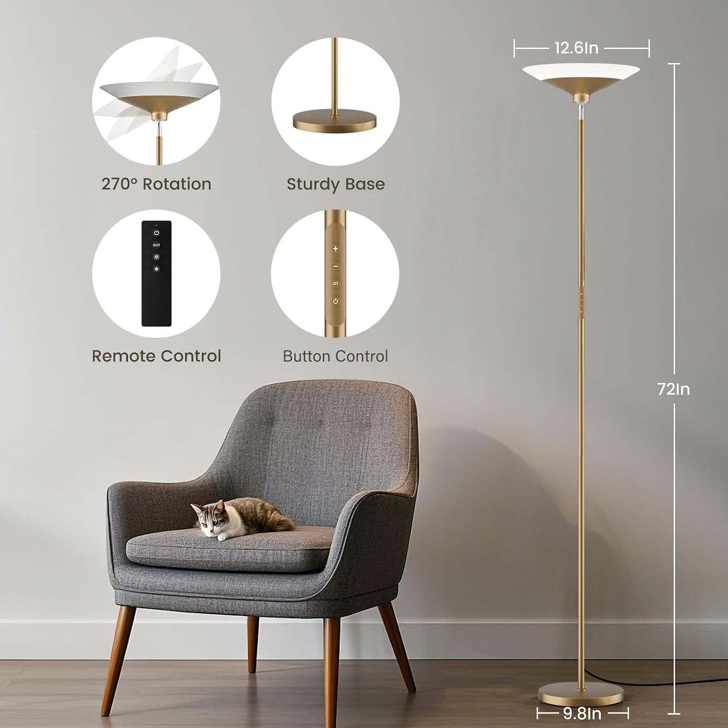 SIBRILLE Torchiere Floor Lamp - 72" Tall LED Standing Lamp with Remote/Button Control, 1800Lm, 3000-6500K, 30W Dimmable Modern Corner Floor Light for Living Room Bedroom Office Apartment, Golden