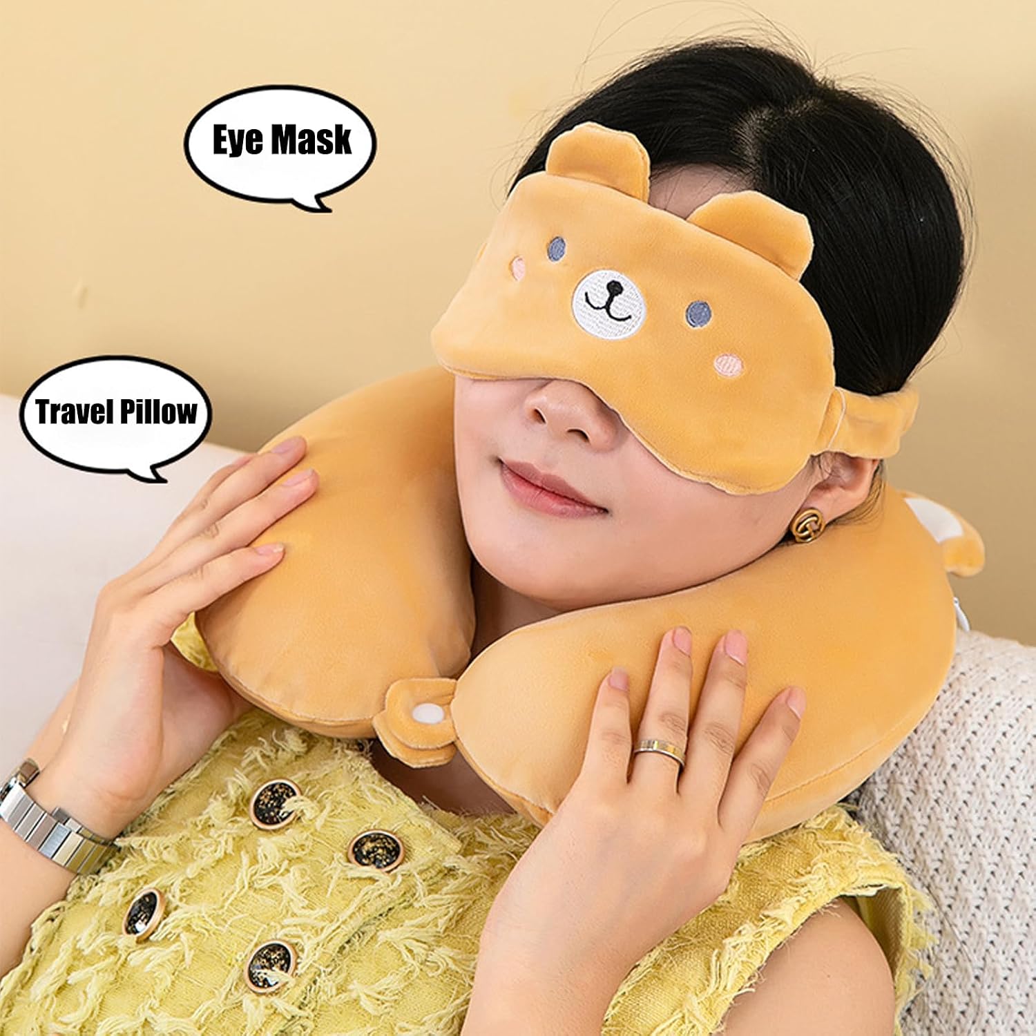 Kids Neck Pillow for Travel with Sleep Eye Mask, Cute Travel Neck Pillow, Memory Foam Flight Sleeping Headrest Pillow for Boys & Girls, Airplane, Train, Car, Home Use - Grey Cat