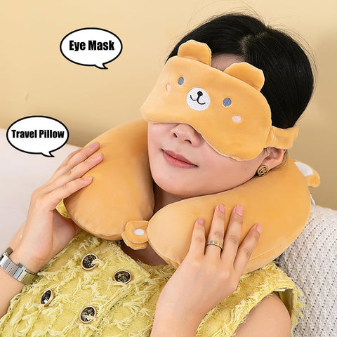 Kids Neck Pillow for Travel with Sleep Eye Mask, Cute Travel Neck Pillow, Memory Foam Flight Sleeping Headrest Pillow for Boys & Girls, Airplane, Train, Car, Home Use - Grey Cat