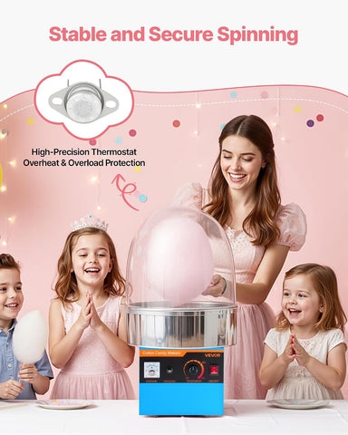 VEVOR Electric Cotton Candy Machine, 1000W Commercial Floss Maker With Cover, Commercial Cotton Candy Machine w/Stainless Steel Bowl & Sugar Scoop, Ideal for Carnival, Birthday, Family Party, Blue