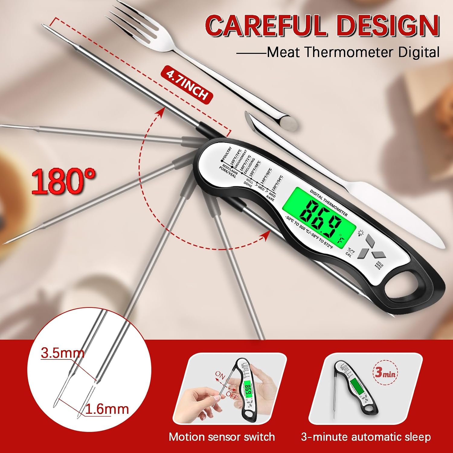 Cooking Thermometer，IP67 Waterproof Meat Thermometer Digital