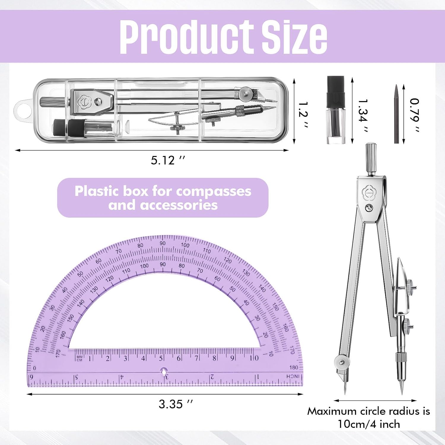 EBOOT Drawing Compass and 6 in Protractor Geometry Set, Purple