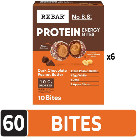 RXBAR Protein Energy Bites, 8g Protein, Gluten Free Energy Snacks, Protein Snacks, Dark Chocolate Peanut Butter (6 Boxes, 60 Bites)
