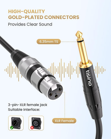 Tisino Female XLR to 1/4 (6.35mm) TS Mono Jack Unbalanced Microphone Cable Mic Cord for Dynamic Microphone - 16 FT/5 Meters