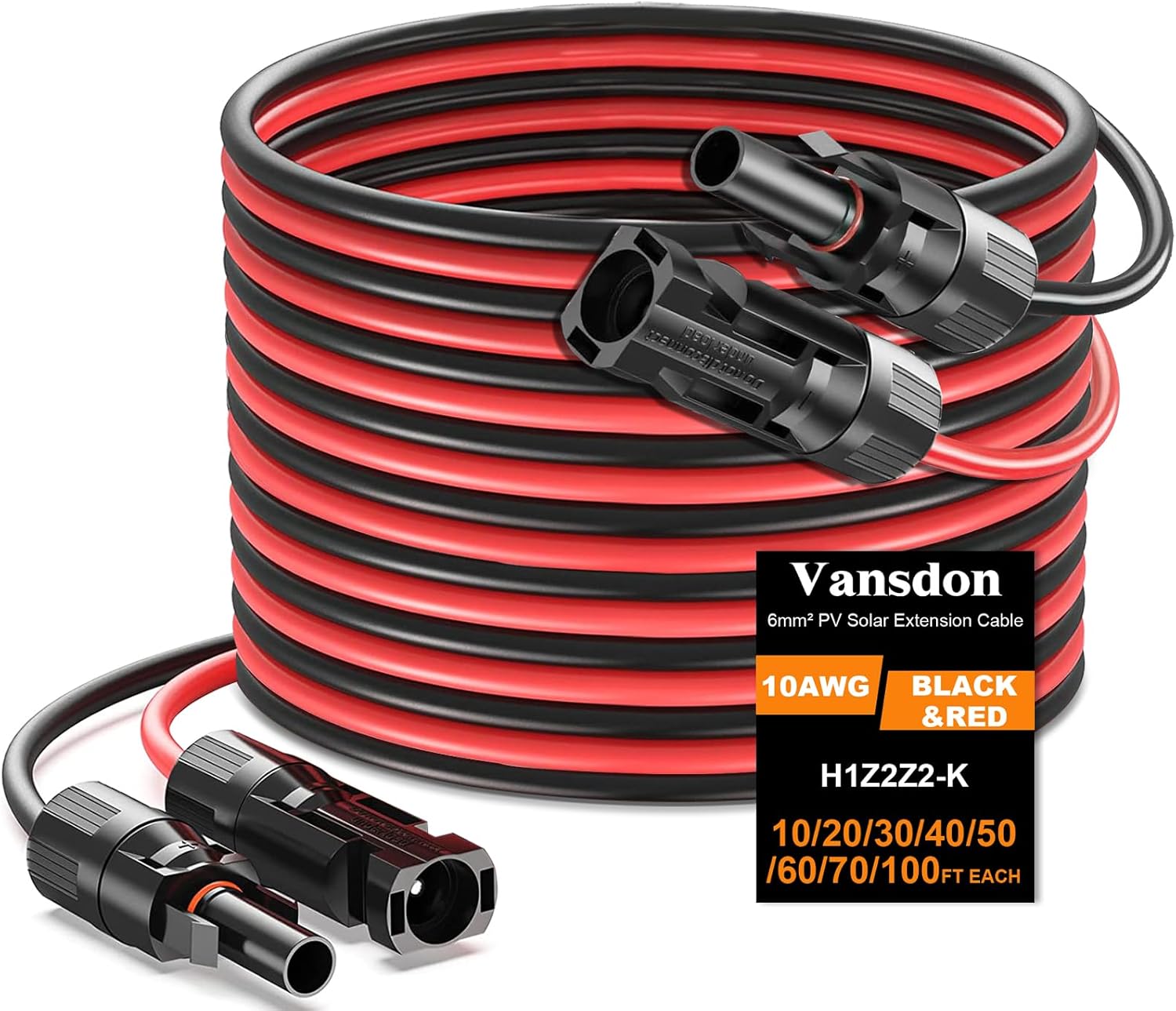 Vansdon 2x10 Feet Solar Panel Extension Cable, 10AWG Solar Cable, Solar Panel Cable with Female and Male Waterproof Connectors for RV, Photovoltaic Systems (10FT Red + 10FT Black)