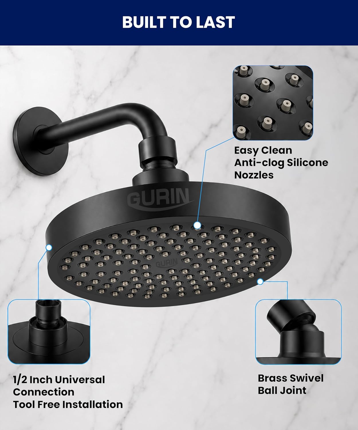 GURIN Shower Head - Luxury Matte Black Finish - Rain Showerhead 6 Inch