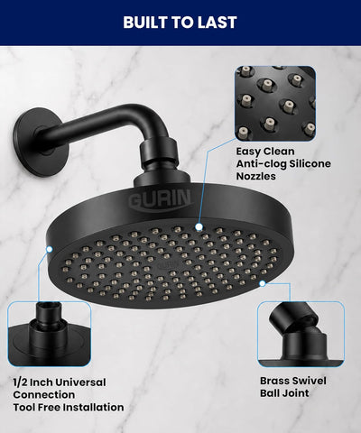 GURIN Shower Head - Luxury Matte Black Finish - Rain Showerhead 6 Inch