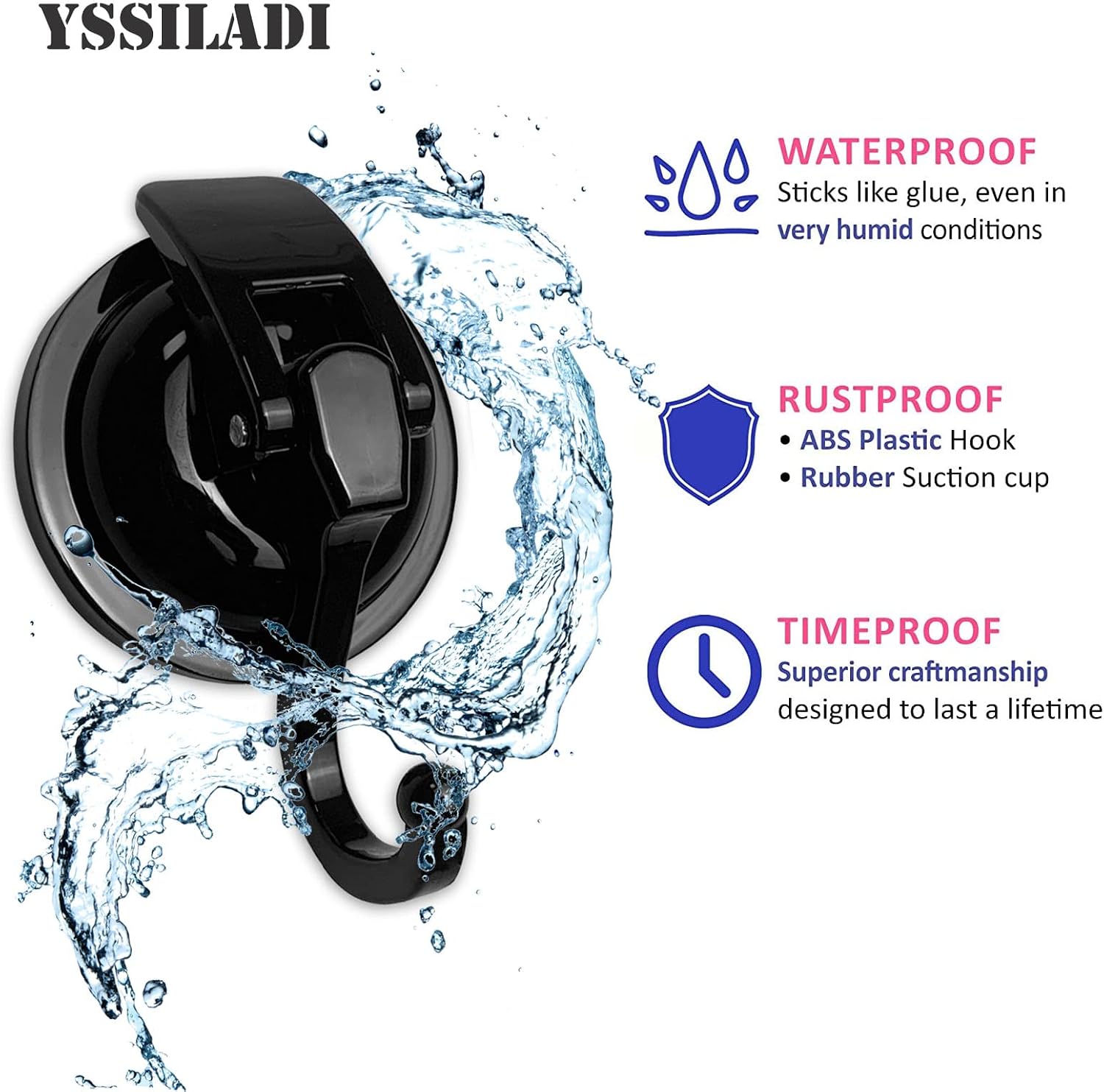 Heavy Duty Vacuum Suction Cup Hooks, ABS Plastic and TPU Rubber Shower Hooks, Bathroom Robe Hooks, Reusable, No Hole Punched, for Garland Decoration (Black, 2 Pack)