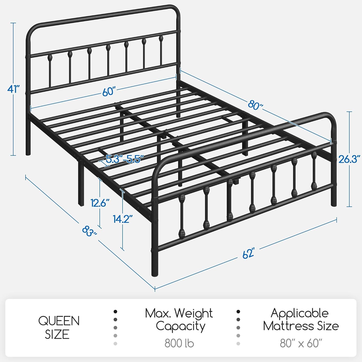 Topeakmart Queen Metal Bed Frame, Victorian Style Headboard, Black