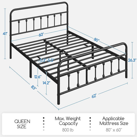 Topeakmart Queen Metal Bed Frame, Victorian Style Headboard, Black