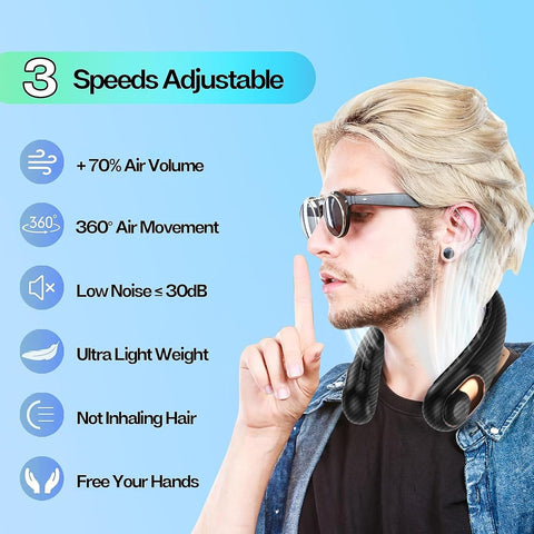 KIDEE Neck Fan Rechargeable, Portable Fan, Upgraded LED Display, 4000 mAh Battery Operated, 3 Speeds Adjustable Personal Wearable Fans for Women Men, Carbon Fiber Black