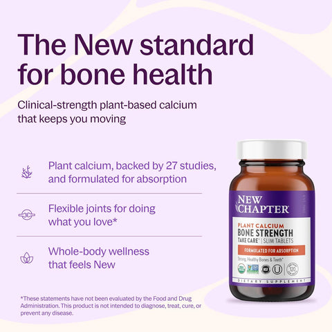 New Chapter Bone Strength Take Care Supplement, 120 Slim Tablets | Clinically Studied Plant Calcium from Red Marine Algae for Bone and Heart Health, Vegan, Organic and Gluten Free