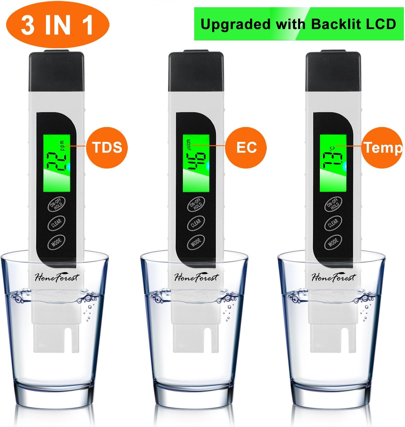 HoneForest TDS Meter, Digital Water Tester - Accurate and Reliable, Measures TDS, EC & Temperature (°F/°C), 0-9990ppm, Water Test Meter for Drinking Water, RO/DI System, Aquariums, etc​​