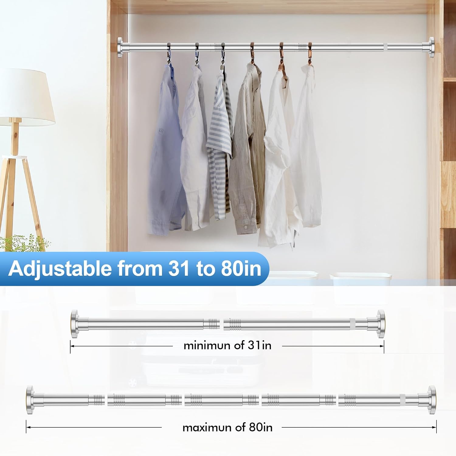 CorkLatta Chrome Shower Curtain Rod 31 to 80 Inch,1 Inch Diameter Adjustable Spring Tension Curtain Rod No Drilling Stainless Steel Telescoping Rod,No Rust