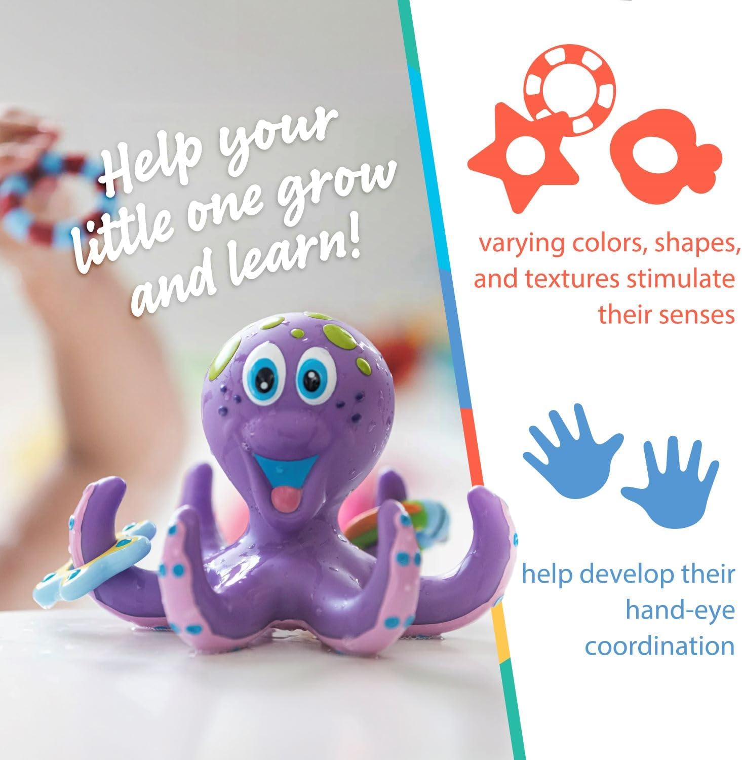 Nuby Floating Octopus with 3 Hoopla Rings - Baby & Toddler Bath Toy - No Hole Design Keeps Moisture Out - Fine Motor Skills - 18+ Months - Great Baby Pool Toys