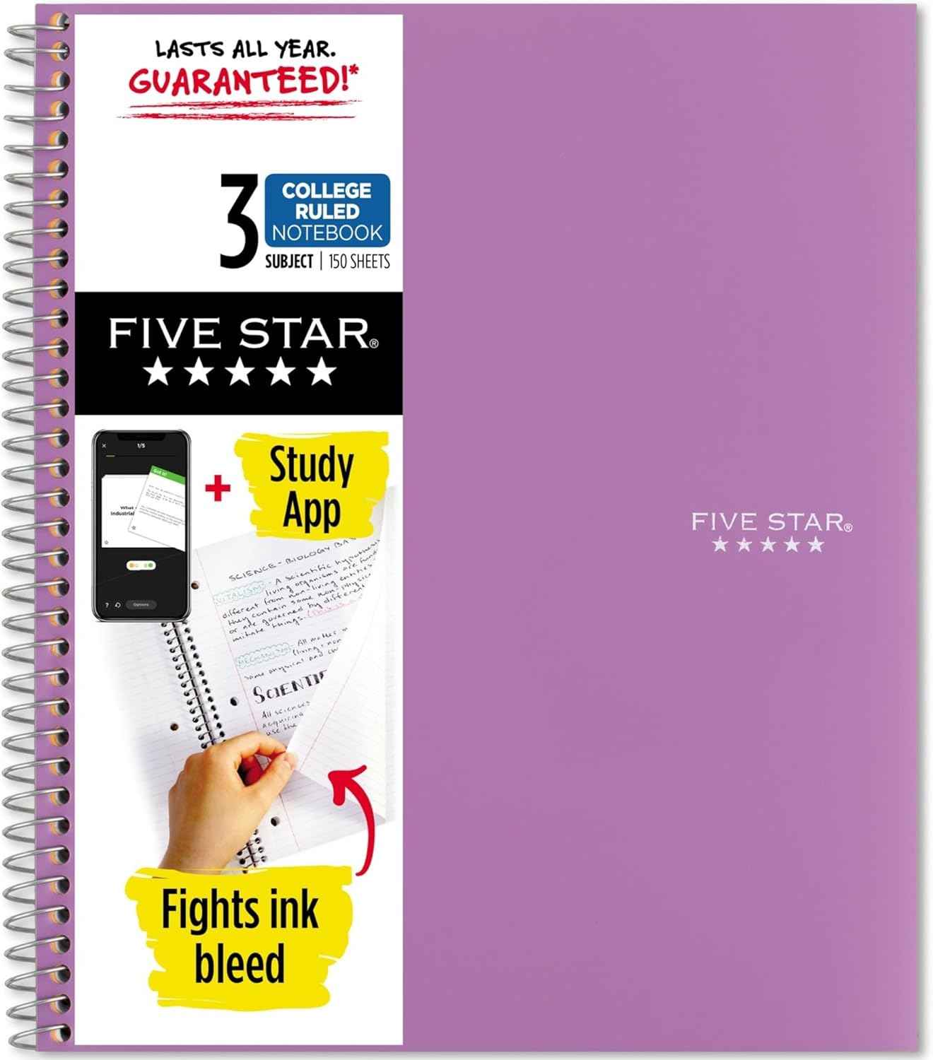 Five Star Spiral Notebook + Study App, 3 Subject, College Ruled Paper, 8-1/2" x 11", 150 Sheets, Fights Ink Bleed, Water Resistant Cover, Amethyst Purple (38746)